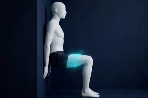 Chaise au mur, vue de côté, dos contre le mur et genoux pliés à angle droit.