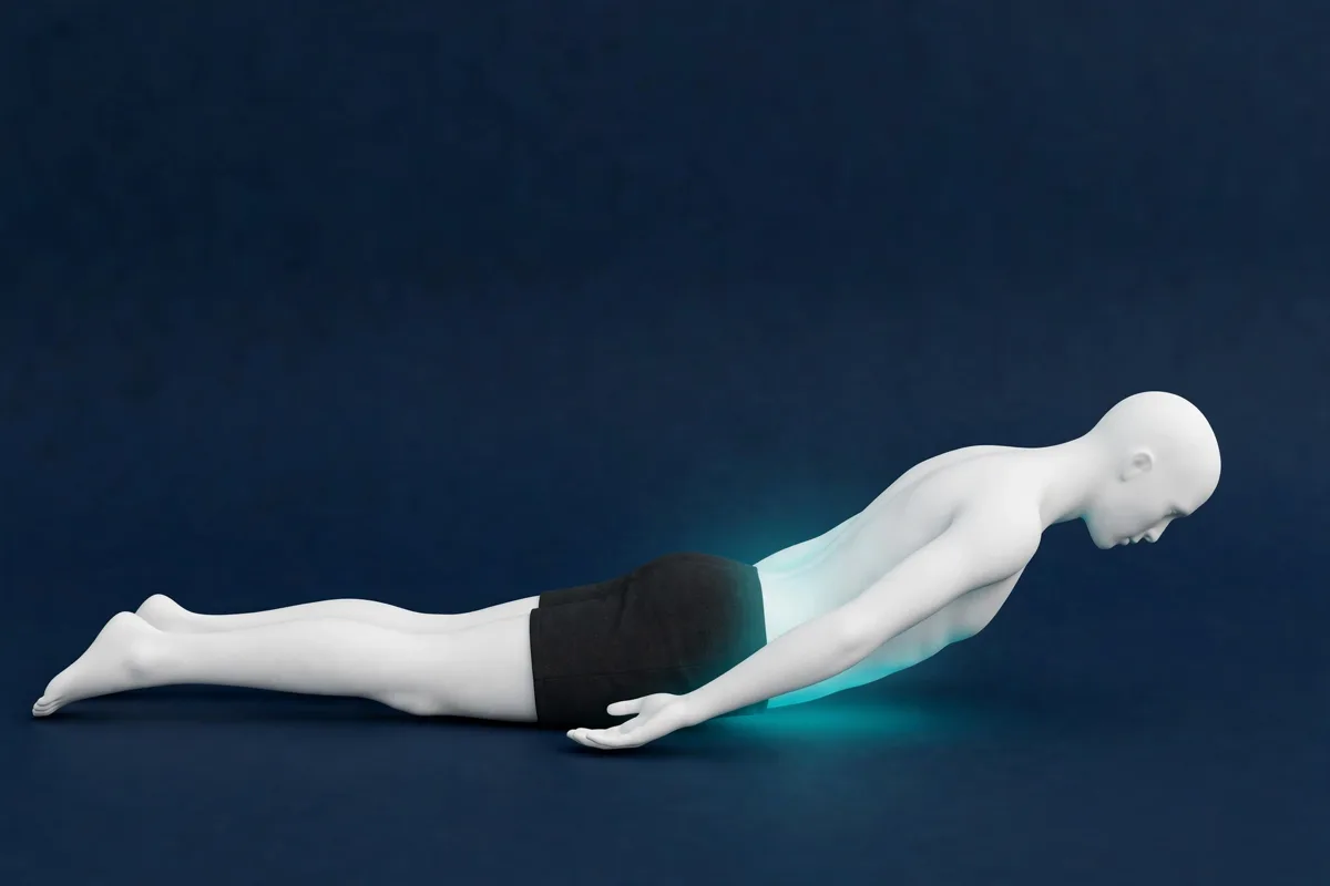 Extension du dos, position haute : la poitrine décollée du sol, les hanches et les jambes au sol