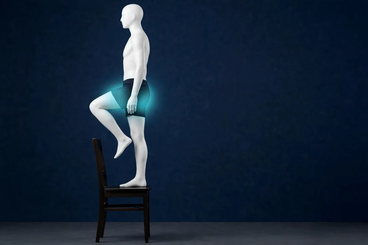 Montées sur chaise, position haute : debout sur la chaise, la jambe d'appui tendue, l'autre genou levé, le buste droit