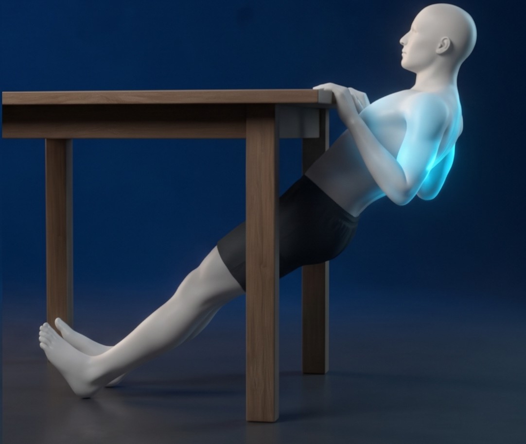 Rowing sous table, position haute, poitrine au bord de la table.