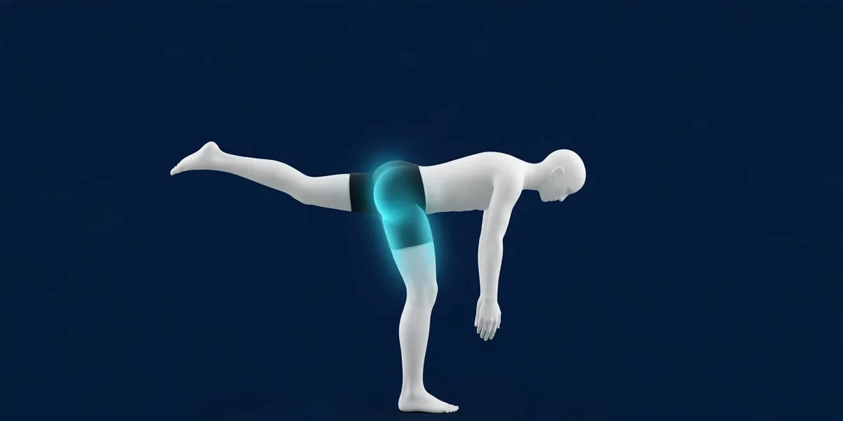 Soulevé de terre à une jambe, position basse : le buste basculé vers l'avant, le dos droit, la jambe libre tendue vers l'arrière
